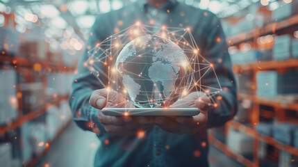 Wall Mural - Photo close up of businessman hands holding pad with abstract digital logistics delivery and transportation hologram with globe and network on blurry dock background double exposure. Generative Ai