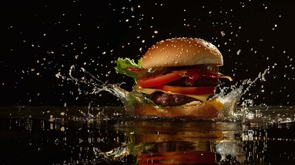 delicious cheeseburger with a splash effect on black background