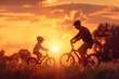 Silhouette of father and child biking at sunset, beautiful outdoor family activity