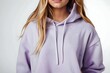 Girl In Purple Hoodie On White Background Mock Up . Concept Fashion Photography, White Background, Purple Hoodie, Mock Up, Studio Shoot