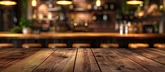 Wall Mural - A wooden table stands in the foreground, with a bar in the background. The hardwood flooring and wood stain enhance the buildings rustic charm