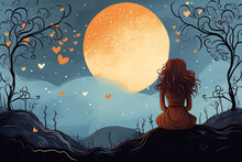 A Woman Sitting On A Hill Looking At The Moon