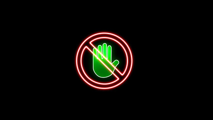 Wall Mural - Neon glowing stop hand sign. palm flat icon for apps and websites.