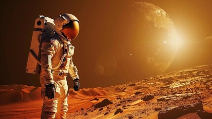 Wall Mural - technological marvel of astronaut standing on mars surface near base