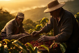 Fototapeta  - the hands of a farmer collecting coffee beans directly from the plant in a coffee plantation