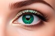 The eye of a young girl with light makeup and an emerald pupil in close-up.