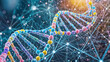 dna structure on a network of dots and lines background, some colorful