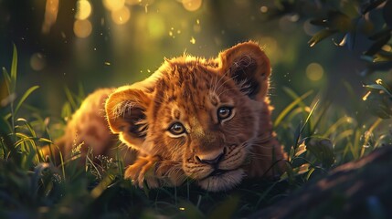 Wall Mural - an endearing portrait of a resting lion cub surrounded by nature