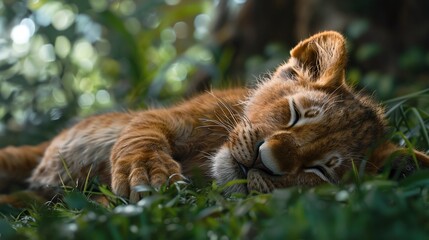 Wall Mural - closeup of a young lion cub enjoying a serene rest on a grassy bed