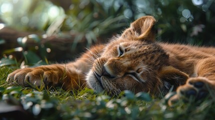 Wall Mural - a peaceful moment captured with a baby lion cub resting in nature