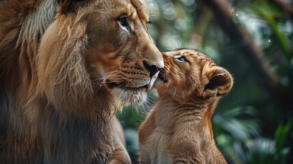 Wall Mural - wildlife family bonds captured with a mother lion and newborn cub