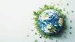 Earth day concept on white background, Globe decorated with trees and leaves, sustainability, copy and text space, 16:9