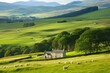 a panoramic view of the Scottish green countryside with big green trees and bushes on green rolling hills during sunshine in the morning with small houses and herd of sheep grazing in it