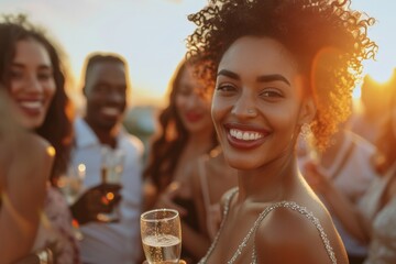 Group of friends enjoying a festive celebration with a woman holding a glass of champagne at a party