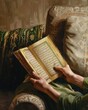 a Muslim reading Holy Quran with open pages in Ramazan during sunshine in a modern house while sitting on a sofa in the morning