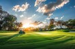 down view of a small tractor yielding greeny grass field in a green park with green trees and golf during sunshine in the morning