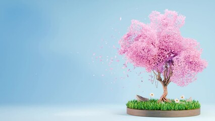 Canvas Print - beautiful spring time cherry blossom sakura tree animation, falling pink leaves, diorama concept, blue background, copy space, 4k seamless loop