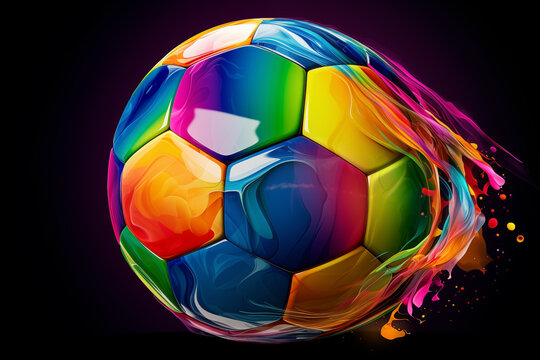 illustration of a soccer ball in rainbow colors against dark background,art design