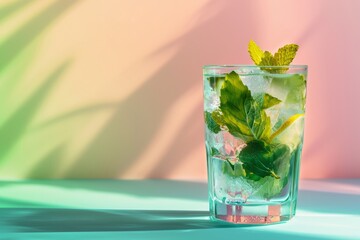Wall Mural - trendy modern glass of mojito alcohol with a pastel backdrop. Generative AI