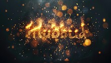 Eid Mubarak Golden Arabic Words In Araby Written In Glowing Golden Light With Sparkles And Glitter Lighted Up On A Dark Background