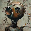 an old mechanical bot with long nose and big eyes staring at the camera isolated on a dull painted wall with leaves and small flowers