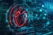 A sophisticated 3D rendering of a human heart in a high-tech virtual reality interface for advanced medical diagnostics and analysis. heart, virtual, 3D, medical, diagnostics, technology, health