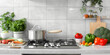 © Planetz - modern minimalist kitchen interior with Stovetop with pots and pans, vegetables on grey tile background. Luxury home interior design of banner for advertising,