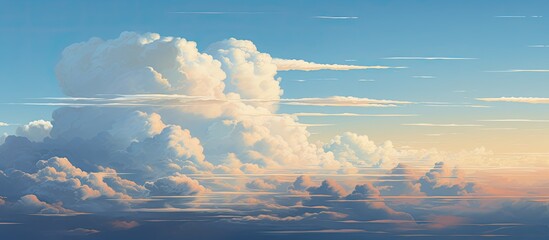 Wall Mural - an artistic depiction of a vast sky filled with fluffy clouds, with a distant airplane elegantly fly