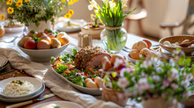  Easter Table Setting At Home, Traditional Meal With Dishes Like Roasted Lamb, Colorful Deviled Eggs, Fresh Spring Salads