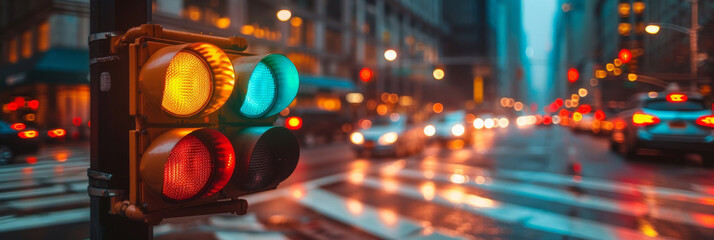 Wall Mural - A traffic light with red, yellow and green lights in the city. Close-up of a traffic light on street.banner
