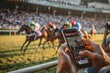 A spectator betting live horse racing on a smartphone, with the race in soft focus and the screen.