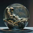 Astronaut encapsulated within transparent sphere, surrounded by rocks. Astronaut appears to be floating, offering surreal, otherworldly visual experience that blurs lines between reality and fantasy