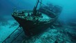 Wreck of a sunken ship in the depths of the sea. Generative AI