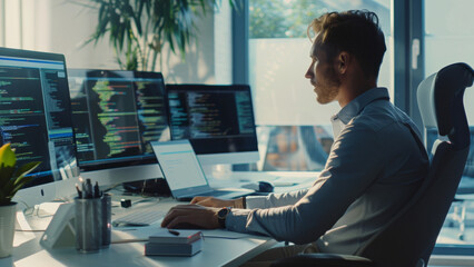 Developer engrossed in code on multiple screens in a modern, sun-filled office environment.