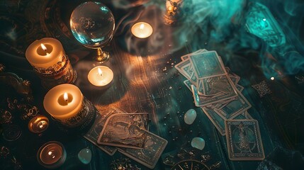 Wall Mural - Table with candles for fortune telling, occultism, Cardreading Witches