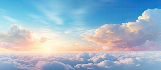 Wall Mural - This image captures a serene sky with fluffy clouds and the sun shining brightly in the background