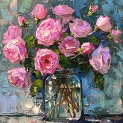 pink roses fine art painting from anna jayne shea, in the style of impressionistic color palette