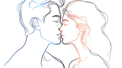 Poster - A cartoon-like drawing of a couple love in profile, Thick lines drawing on white background