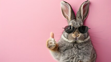 Wall Mural - Stylish easter bunny rabbit with sunglasses giving thumbs up, pastel background with text space