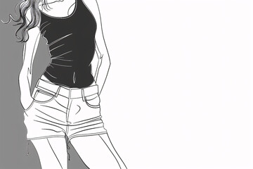 Greyscale sketch of woman in sleeveless top and shorts standing