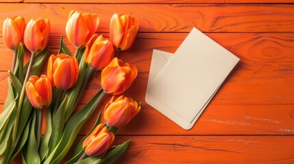 Red tulips with white blank card on a red wooden background