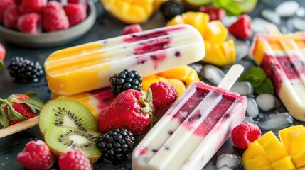 Wall Mural - Mixed fruit popsicles with fresh berries and kiwi on a dark surface with ice.