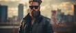 A man with a beard and sunglasses is smoking a cigarette