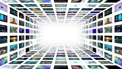 Wall Mural - broadcasting tunnel animation with walls around with technology theme. Abstract digital white backdrop
