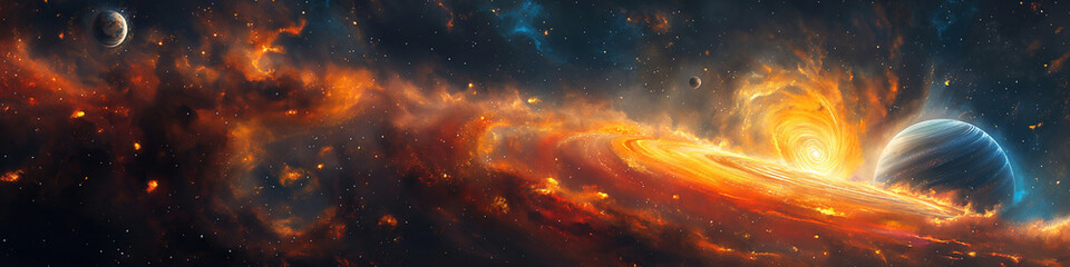 Wall Mural - bright multicolored panorama of open space with stars, galaxies, constellations, planets and a black