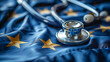 © FUTURESEND - Close-up of a medical stethoscope on the European Union flag, focused healthcare concept AI-Generated