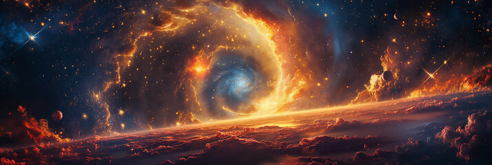 Wall Mural - multicolored panorama of outer space with stars, galaxies, constellations, planets and black hole in