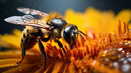 Macro of a bee on a yellow flower Shallow depth of field