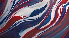 Mix Of Red White Blue Color Paints With Blended Drops On Fluid While Forming Abstract Patterns Against Blue Background