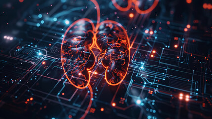 Wall Mural - Dark 3d futuristic model of human kidneys, nephrology healthcare concept. Scientific researches and data. Generative AI